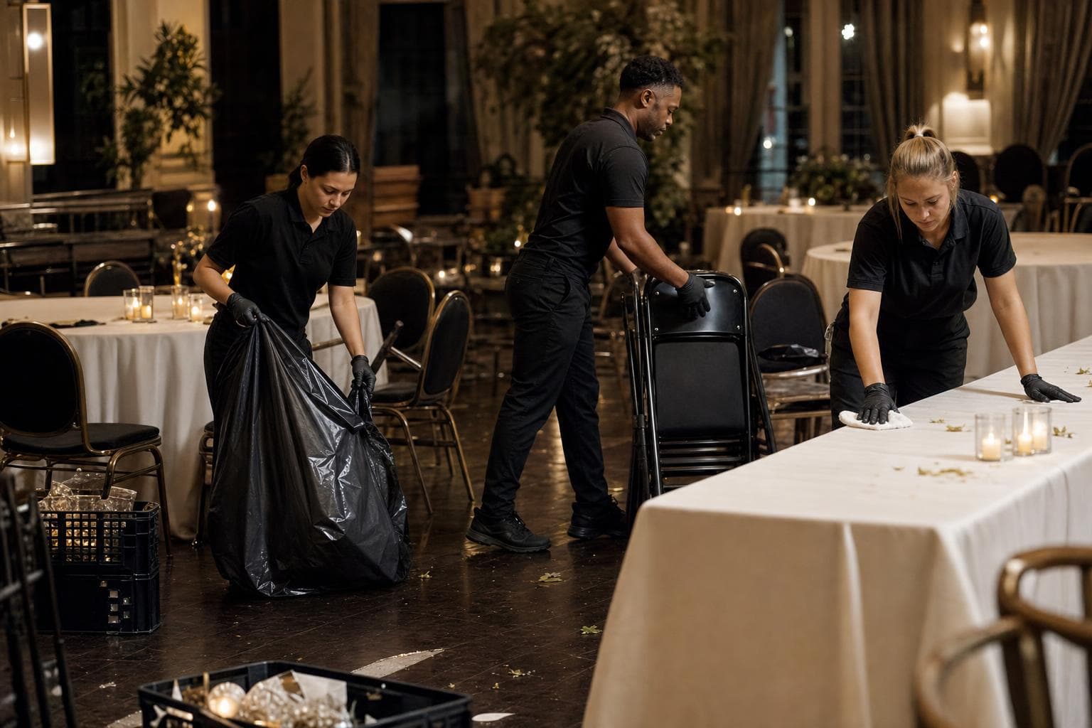 Cleanup crew clearing tables, stacking chairs and bagging trash after an event