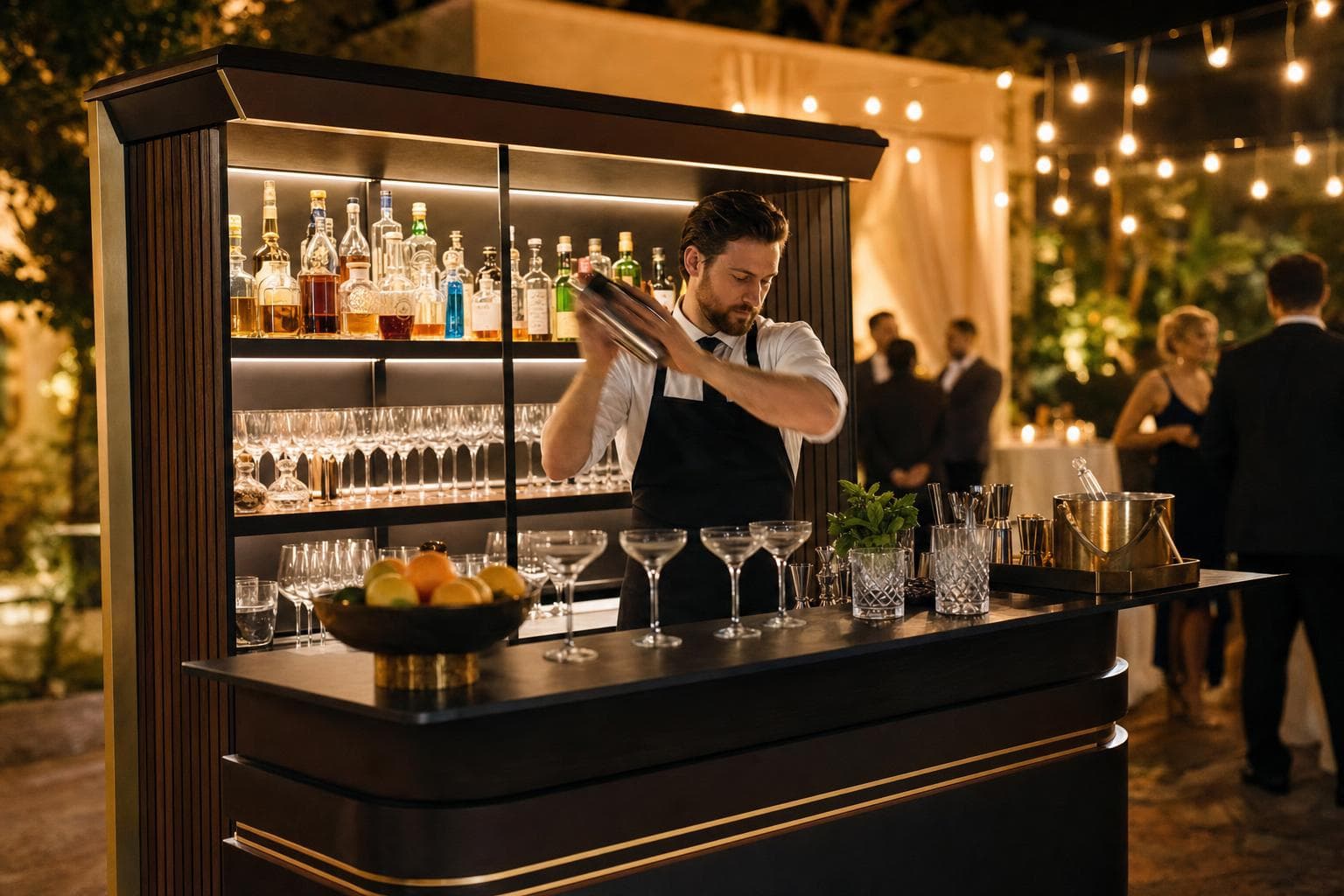 Bartender mixing cocktails behind a black and gold mobile bar at an evening party