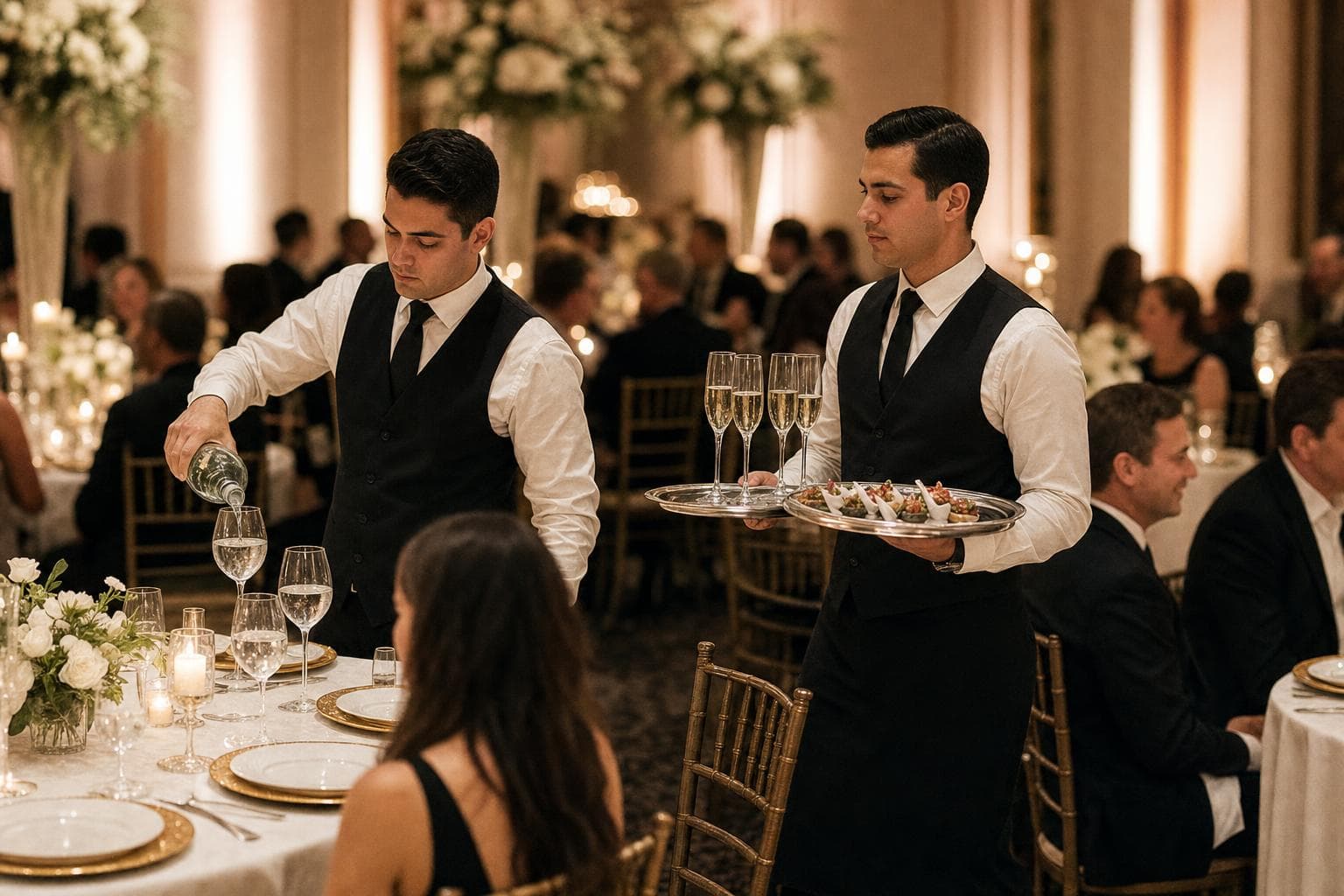 Servers passing appetizers and champagne at a candlelit reception